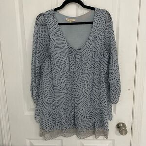 Prontomoda Giusy Italian Silk Tunic Blouse Blue Print Lace Hem Women’s‎ Medium